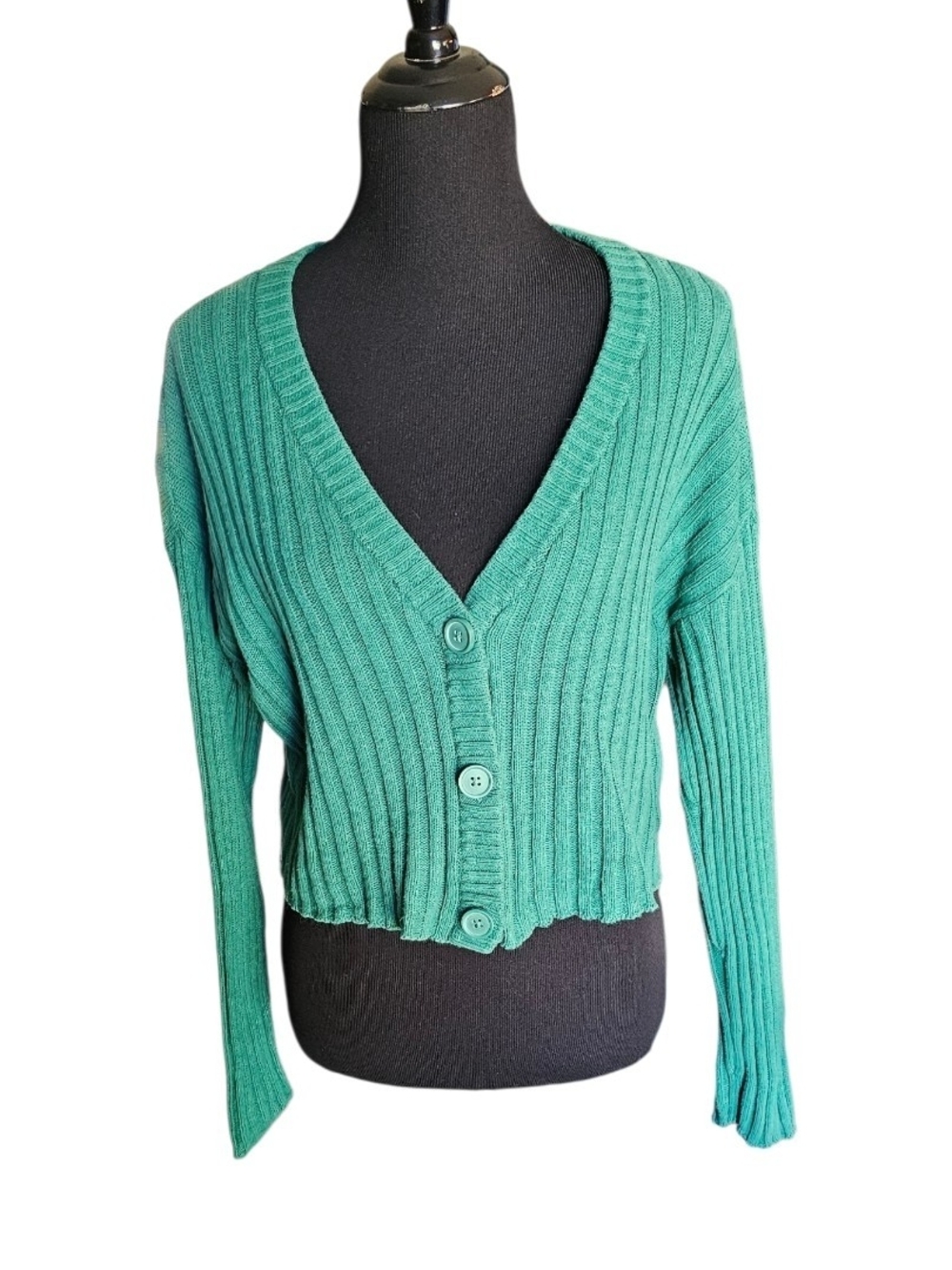 American Eagle Green Cropped Ribbed Cardigan Sweater Small